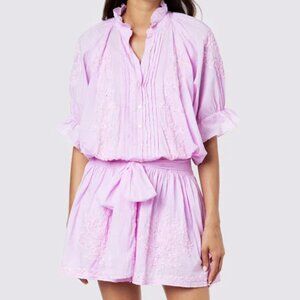 JULIET DUNN Blouson Dress Tonal Lotus Embroidery Sugar Almond Sz 01